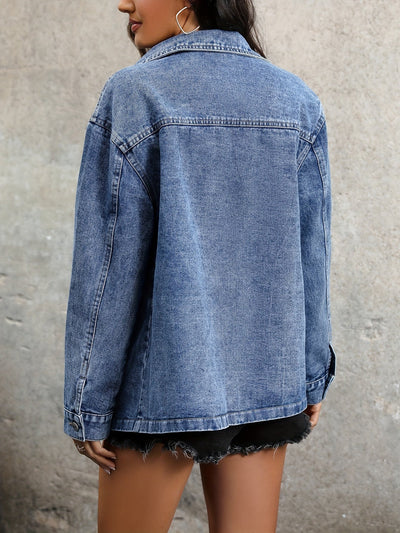 Sophie | Effen gewassen blauwe denim jas met drop shoulder en lange mouw