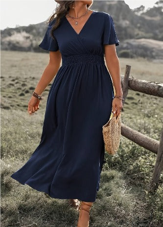 Midi damesjurk met overslag – Korte mouwen en elastische taille