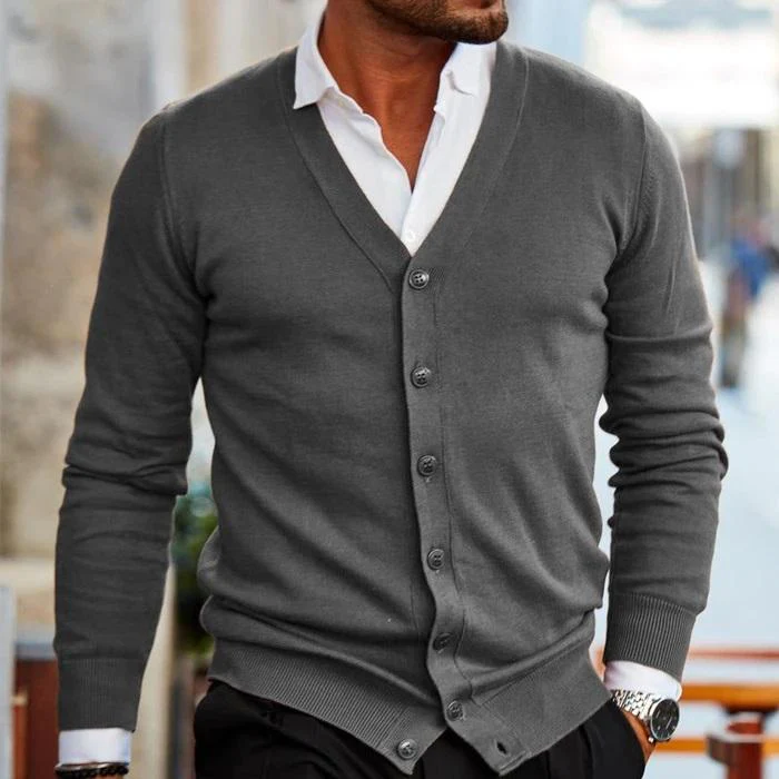 Men's cardigan with button closure – Finely knitted model with V-neck