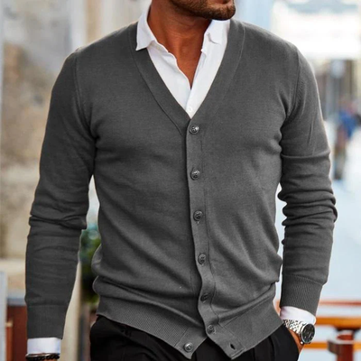 Men's cardigan with button closure – Finely knitted model with V-neck