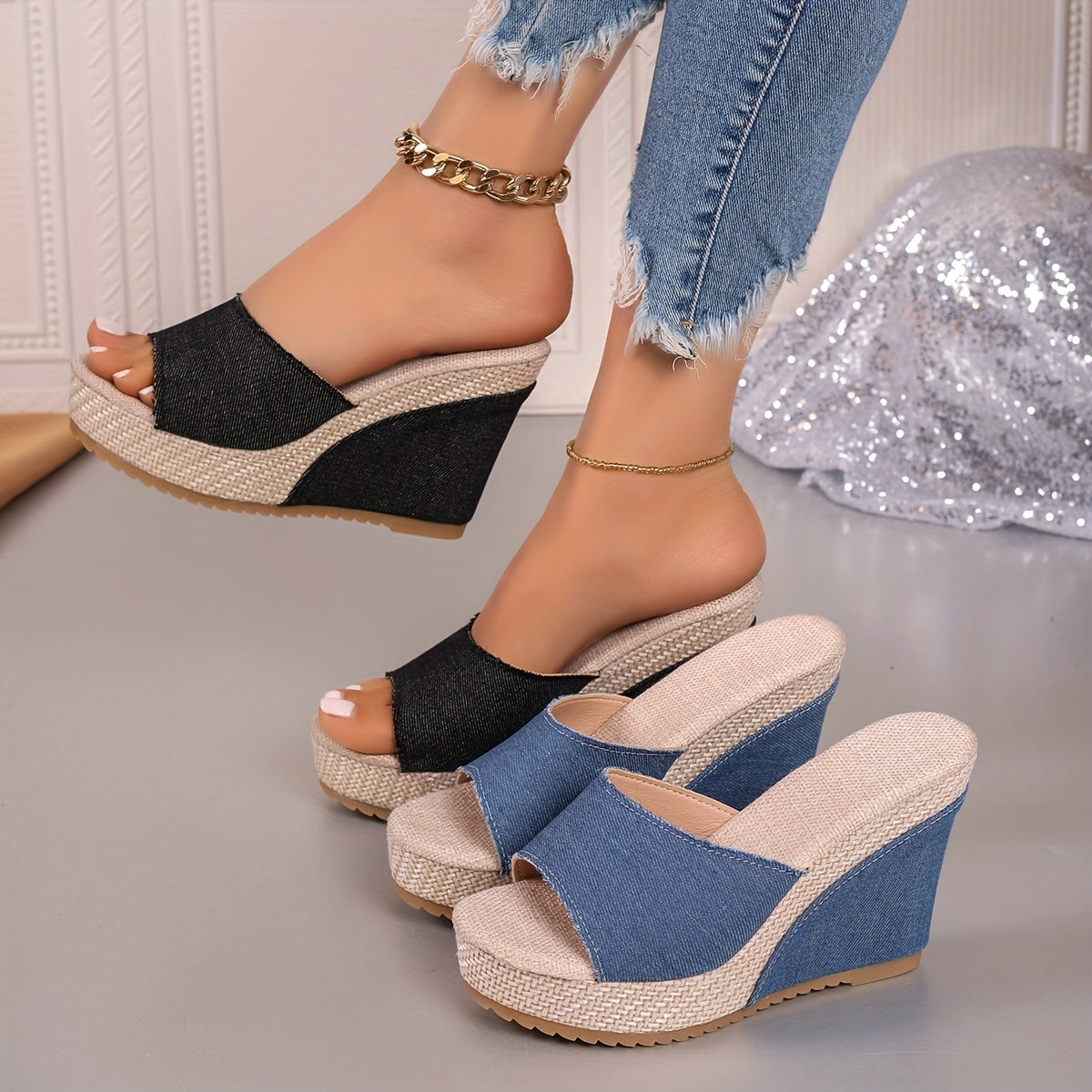 Mara | Dames denim sleehak sandalen