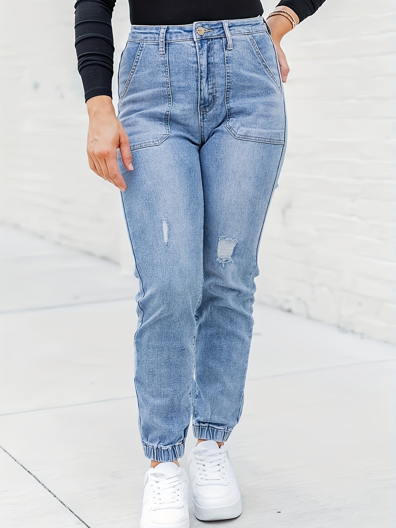 Emma | Casual damesjeans in grote maat, gescheurd, gewassen blauw