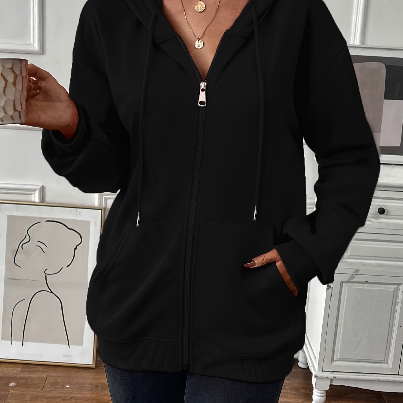 Stefanie | Stevige rits met trekkoord, losse hoodie met lange mouwen en zakken