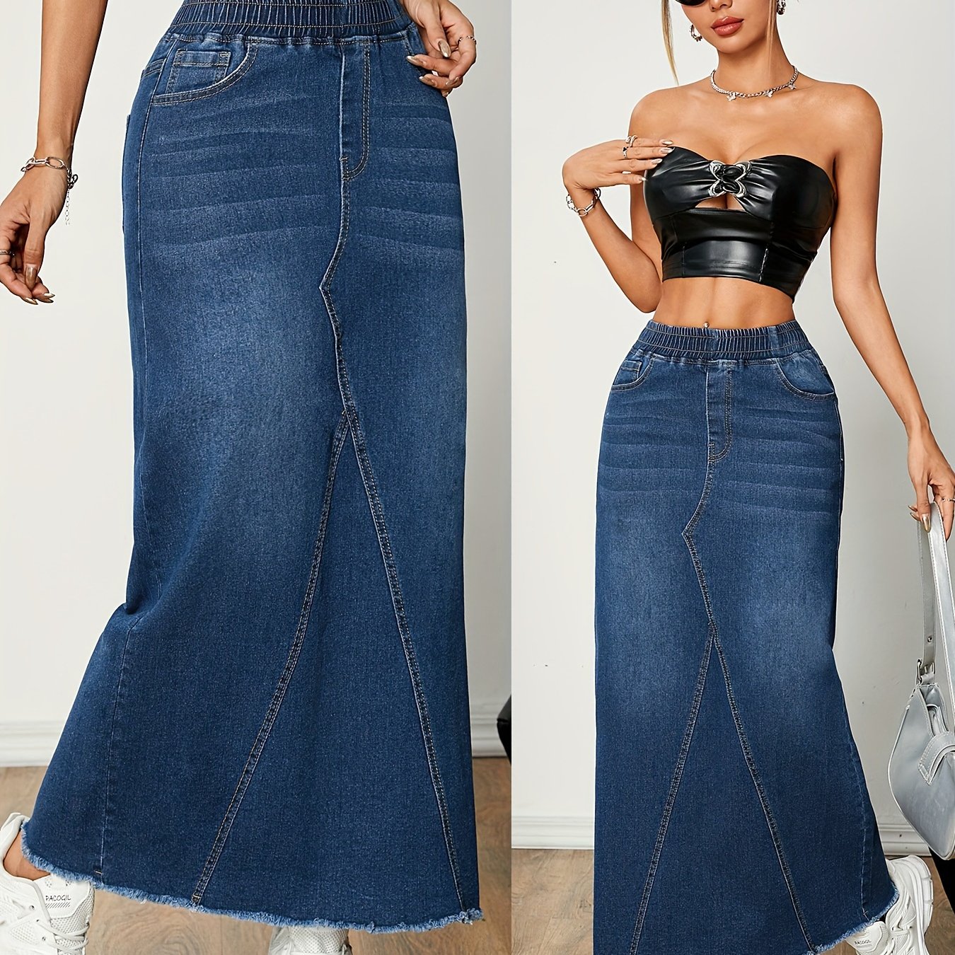 Emma | Plain washed blue streetwear maxi denim skirt