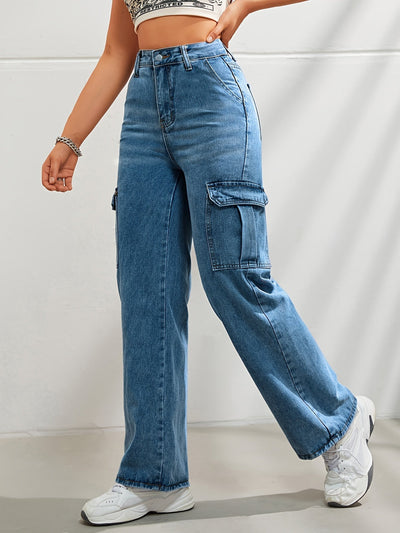 Noa | Casual denim cargobroek met wijde pijpen en hoge taille