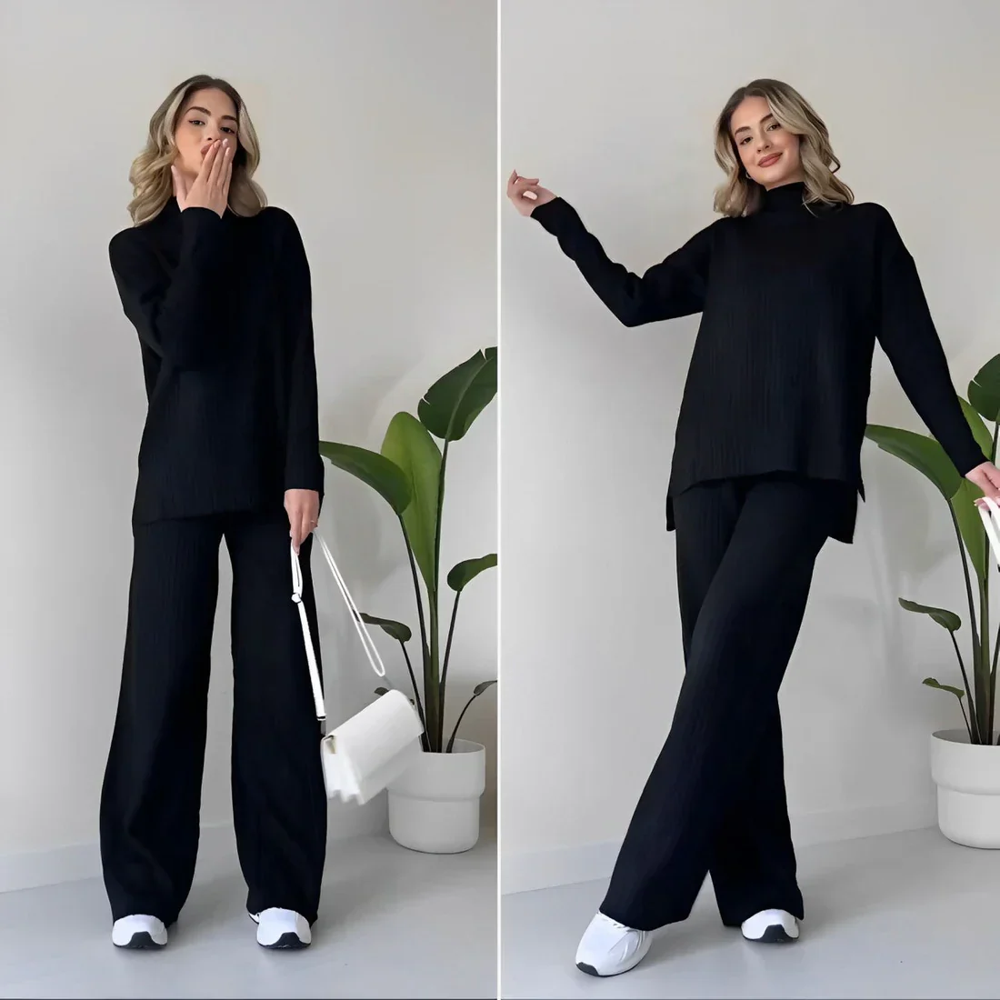 Ribbed Wide Leg Lounge Set – Two-Piece Comfort Suit