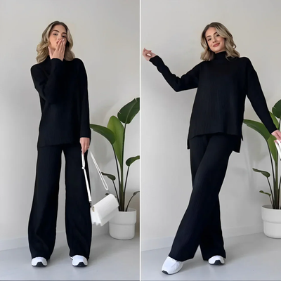 Ribbed Wide Leg Lounge Set – Two-Piece Comfort Suit