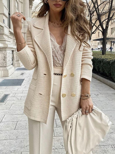 Knitted Women's Blazer - Double-Row with Pocket Details 