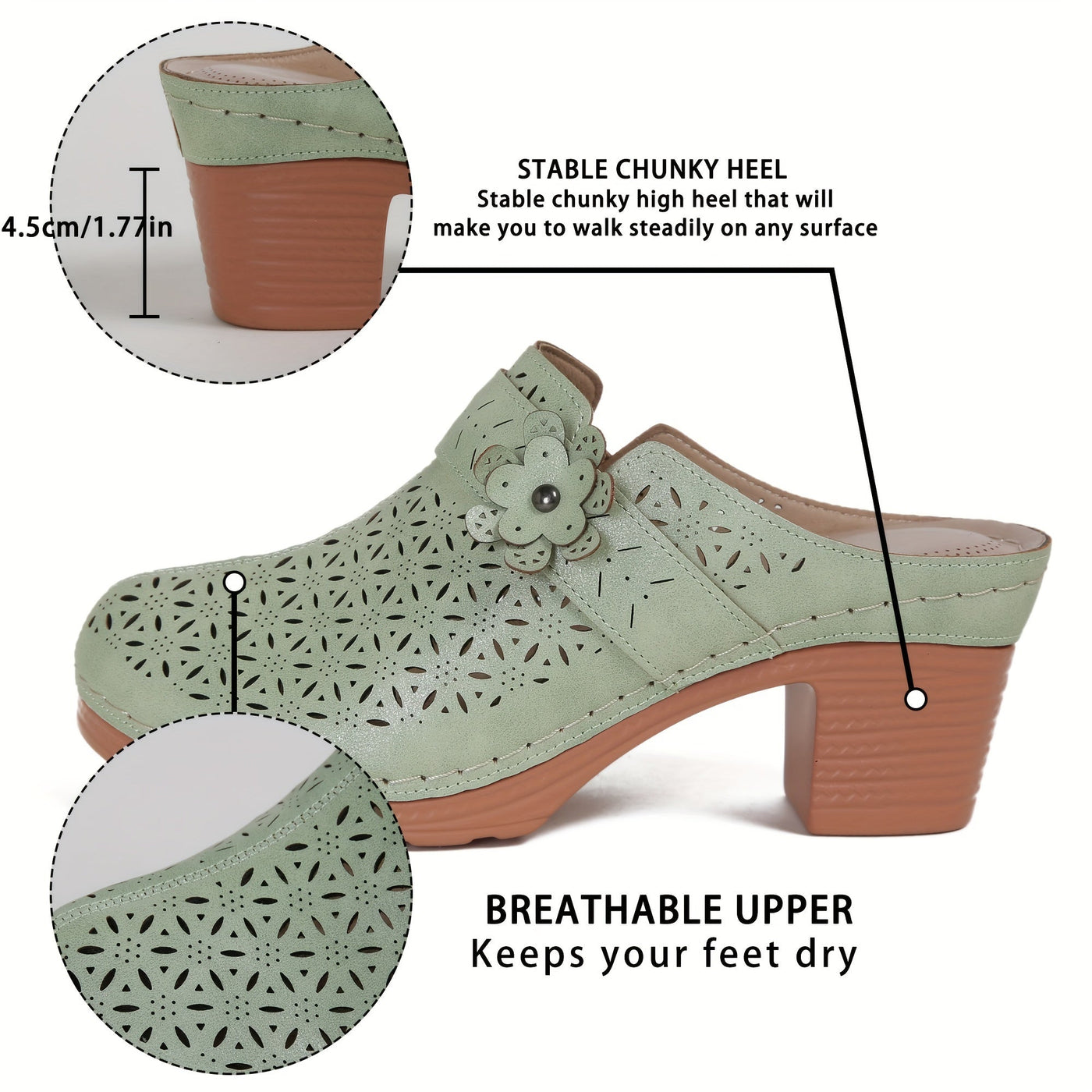 Flora | Women's mules with a thick heel and perforated floral decoration