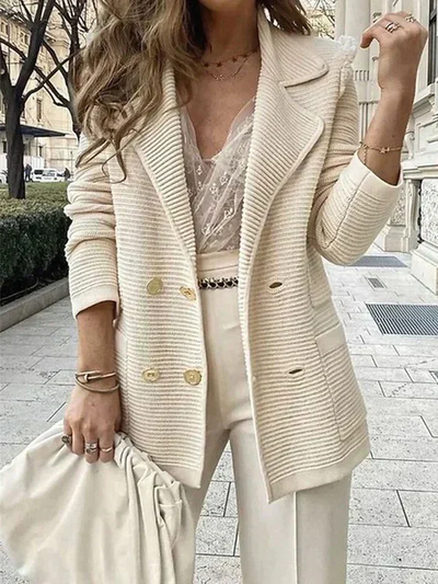 Knitted Women's Blazer - Double-Row with Pocket Details 