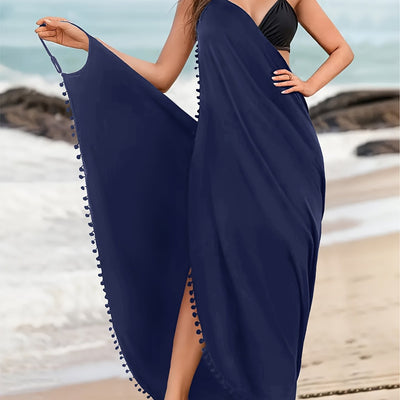 Emma | Effen maxi strandjurk met pom-pom-decor en V-hals