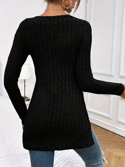 Nina | Effen kleur V-hals tuniek met lange mouw en split zoom