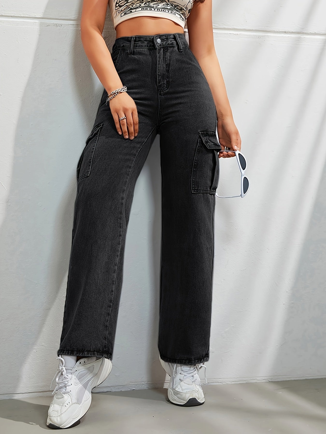 Noa | Casual denim cargobroek met wijde pijpen en hoge taille
