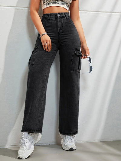 Noa | Casual denim cargobroek met wijde pijpen en hoge taille