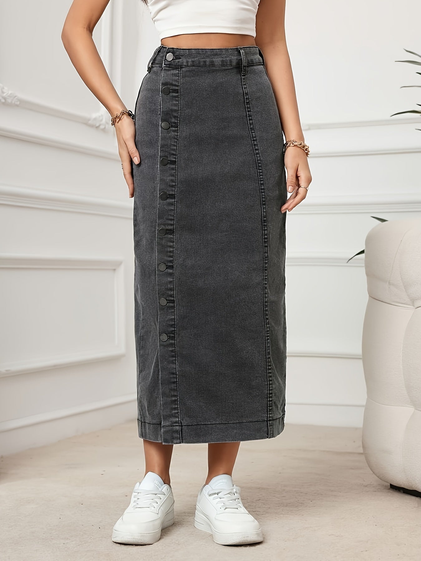 Eva | Plain washed high-waisted maxi denim skirt