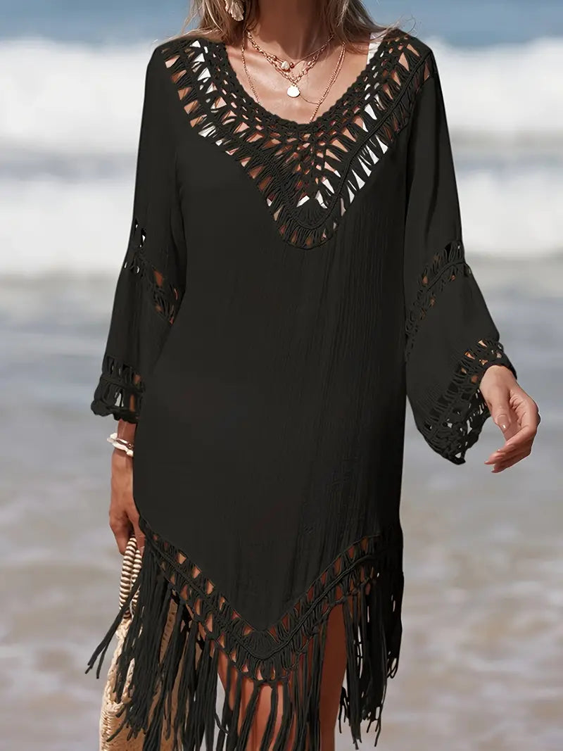 Arielle - boho strandjurk met macramé franjes en V-hals