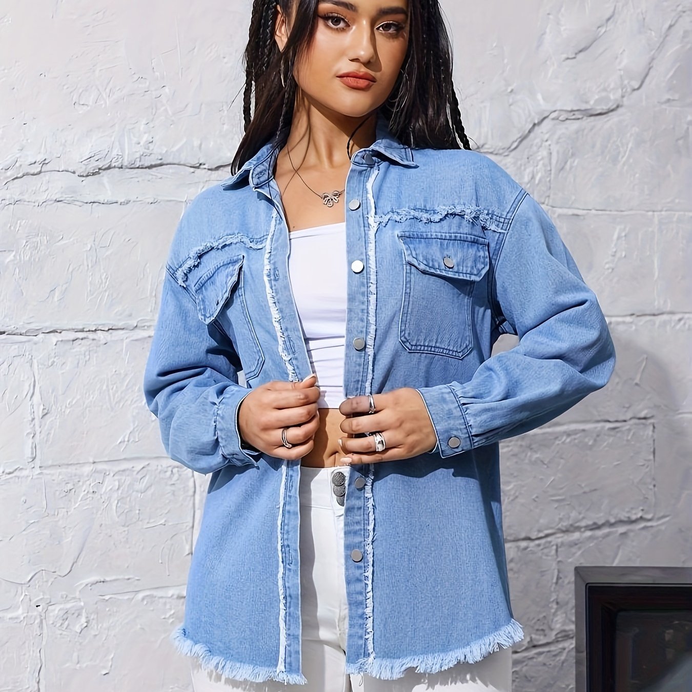 Nina | Ruwe blauwe denim jas met lange mouw