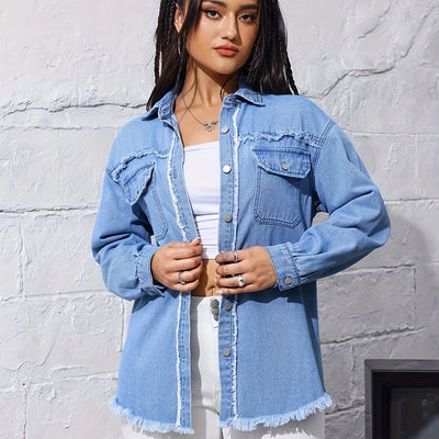 Nina | Ruwe blauwe denim jas met lange mouw