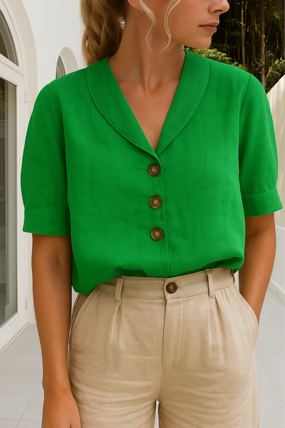 Dames blouse met sjaalkraag – Korte mouwen en knoopsluiting vooraan