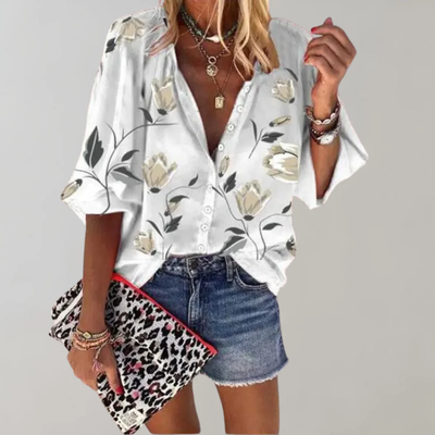 Damesblouse met bloemenprint – Korte mouwen en knoopsluiting