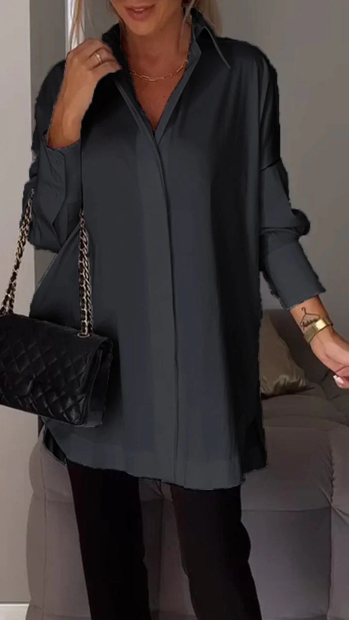 Oversized damesblouse met lange mouwen – Klassiek kraagmodel en verborgen knopen