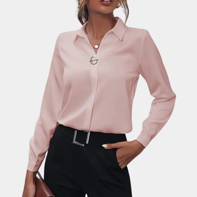 Dames blouse met lange mouwen – Klassieke kraag en metalen detail