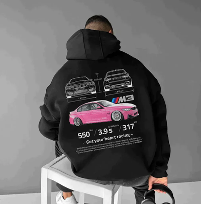 Hoodie with sports car print – Back design with typography and sleeve print 