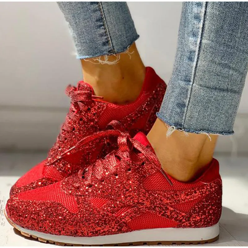 Dames sneakers met glitters – Mesh inzetstukken en vetersluiting