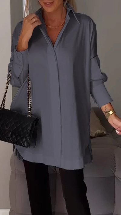 Oversized damesblouse met lange mouwen – Klassiek kraagmodel en verborgen knopen