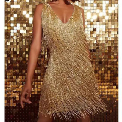 Mouwloze glitterjurk met franjes – Mini-jurk met V-hals en pailletten