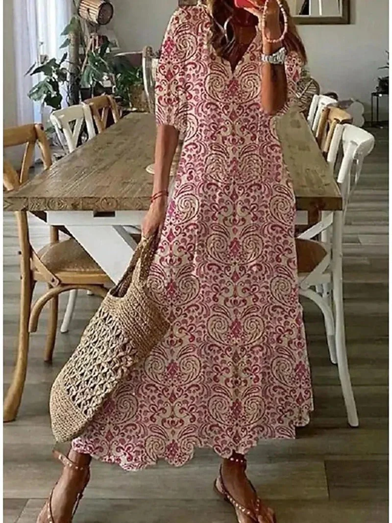 Dames maxi-jurk met bloemenprint – Luchtige pasvorm en V-hals