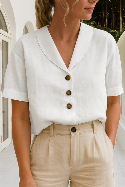 Dames blouse met sjaalkraag – Korte mouwen en knoopsluiting vooraan