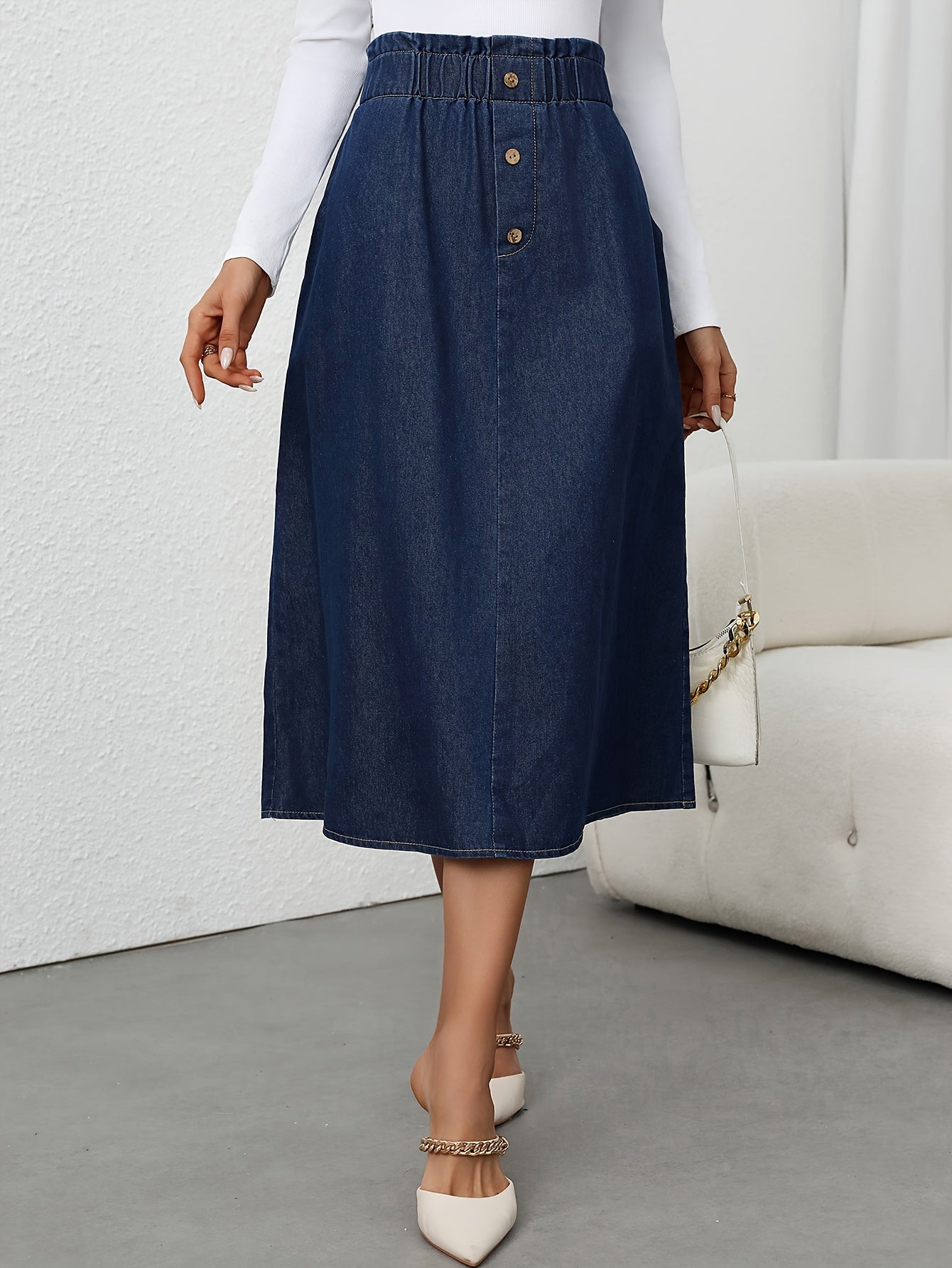 Fleur | High-waisted denim A-line midi skirt with button closure