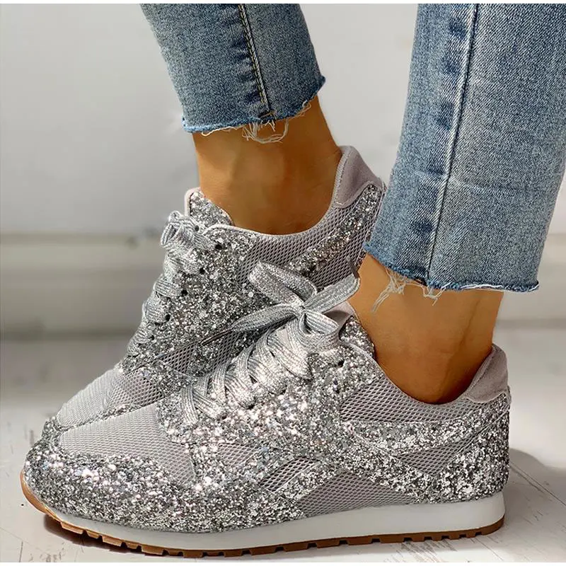 Dames sneakers met glitters – Mesh inzetstukken en vetersluiting