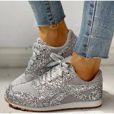 Dames sneakers met glitters – Mesh inzetstukken en vetersluiting
