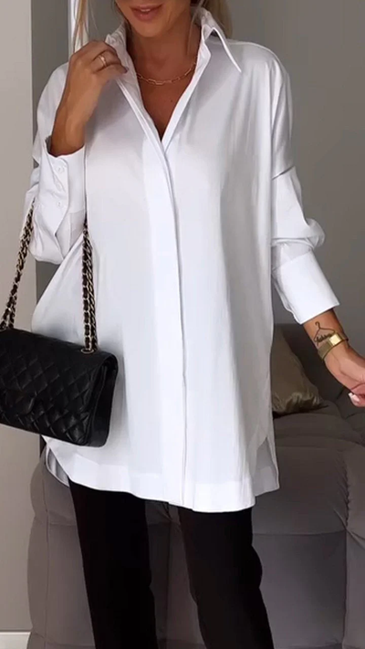 Oversized damesblouse met lange mouwen – Klassiek kraagmodel en verborgen knopen