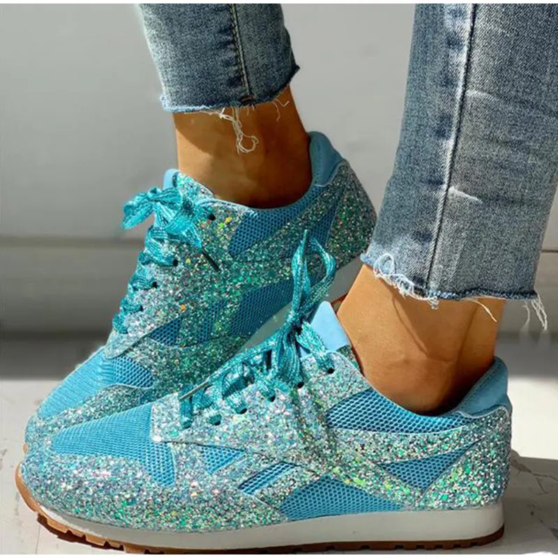 Dames sneakers met glitters – Mesh inzetstukken en vetersluiting