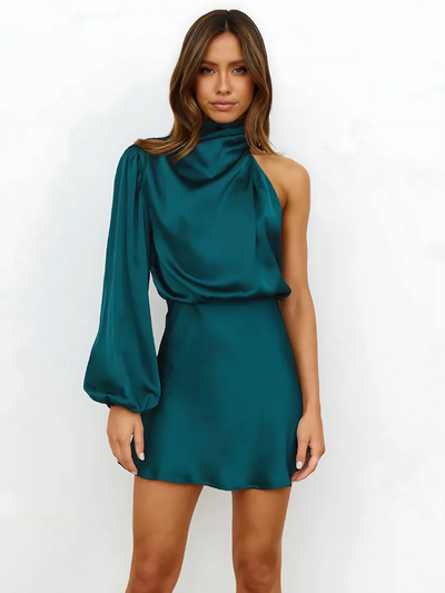 Asymmetrische Satijnen Mini Jurk – Elegante Look met Eén Mouw