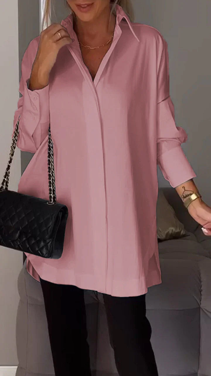 Oversized damesblouse met lange mouwen – Klassiek kraagmodel en verborgen knopen