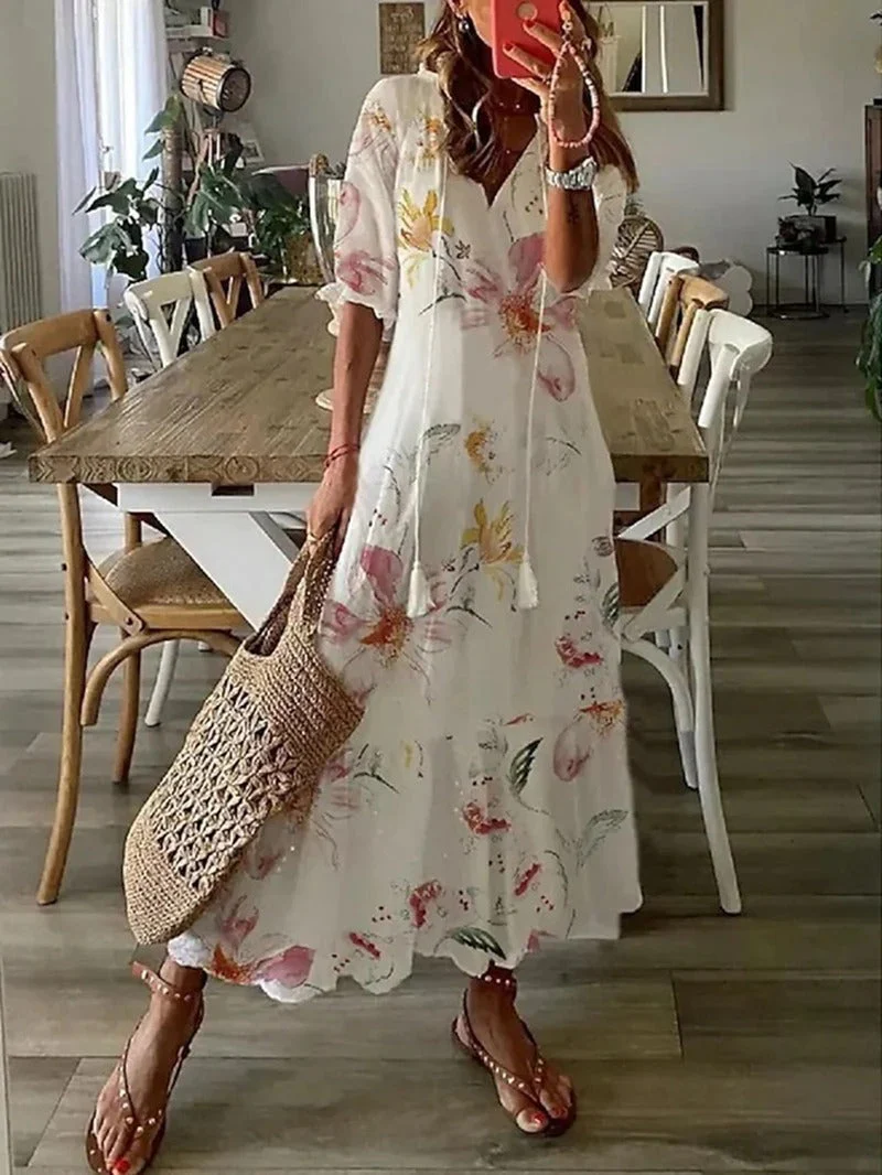Dames maxi-jurk met bloemenprint – Luchtige pasvorm en V-hals