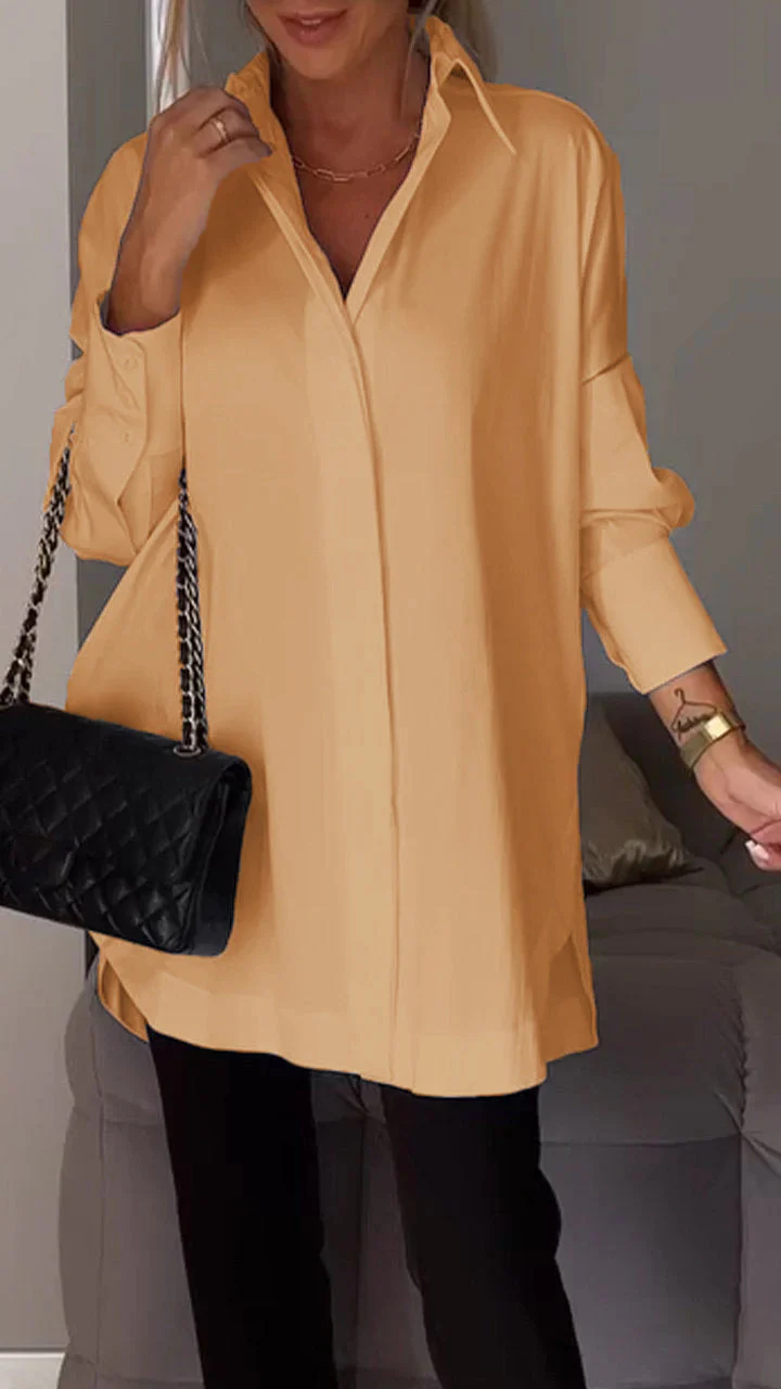 Oversized damesblouse met lange mouwen – Klassiek kraagmodel en verborgen knopen