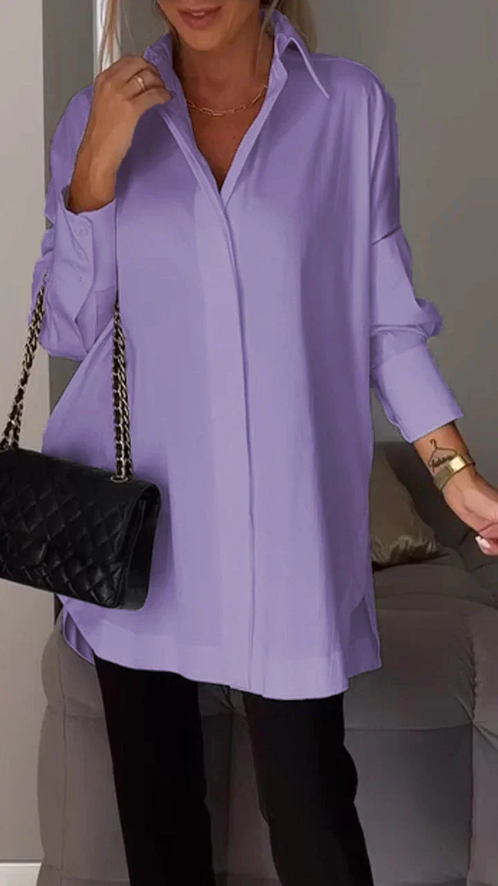 Oversized damesblouse met lange mouwen – Klassiek kraagmodel en verborgen knopen