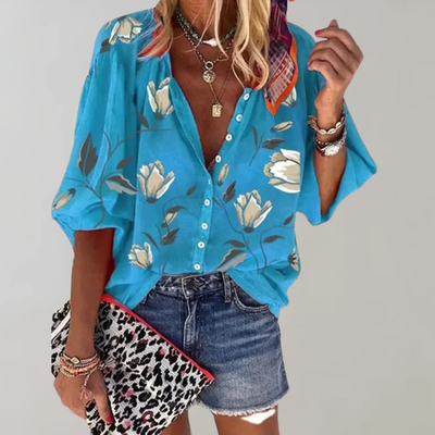 Damesblouse met bloemenprint – Korte mouwen en knoopsluiting