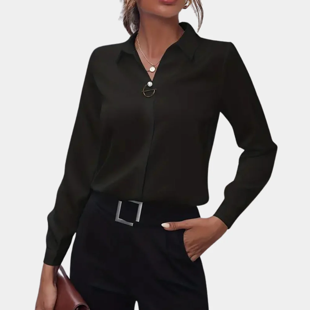 Dames blouse met lange mouwen – Klassieke kraag en metalen detail
