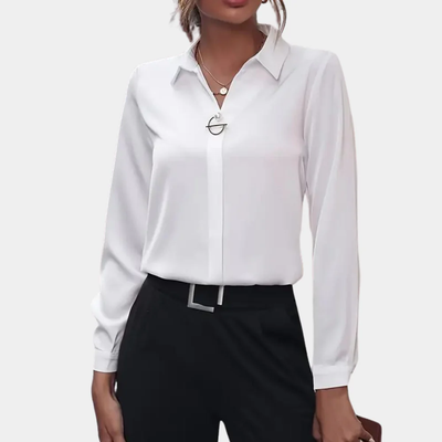 Dames blouse met lange mouwen – Klassieke kraag en metalen detail