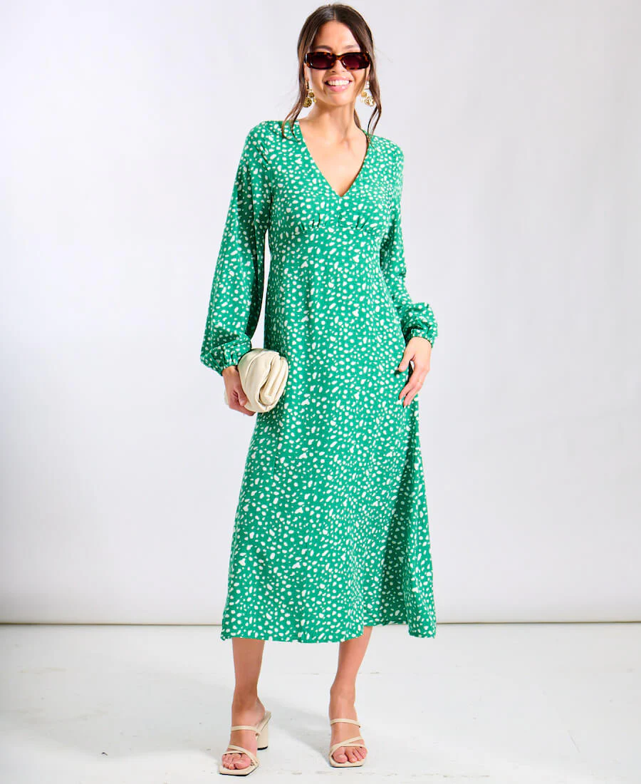 Dames midi-jurk – V-hals en lange mouwen met speels stippenpatroon