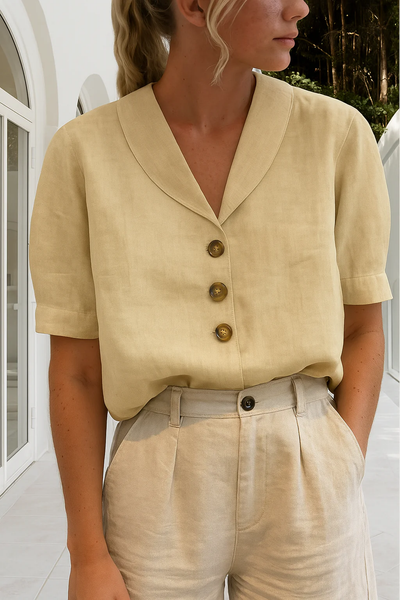 Dames blouse met sjaalkraag – Korte mouwen en knoopsluiting vooraan