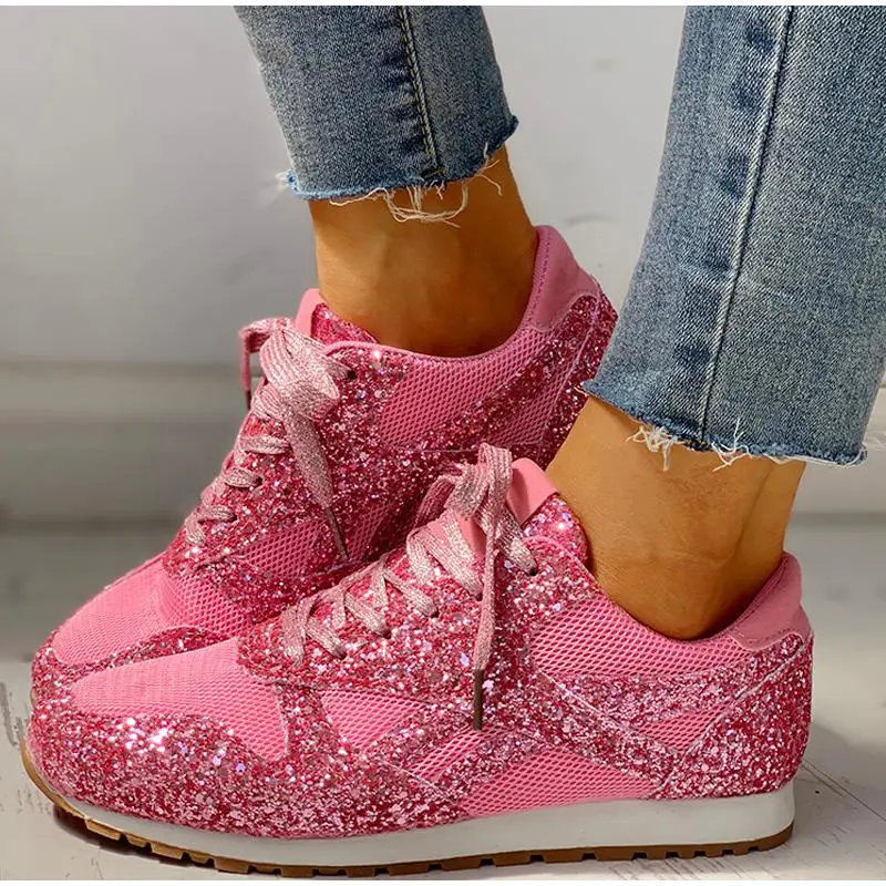 Dames sneakers met glitters – Mesh inzetstukken en vetersluiting