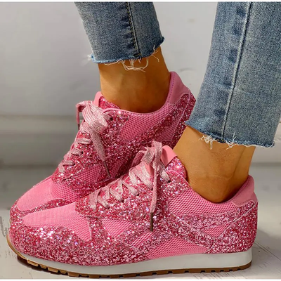 Dames sneakers met glitters – Mesh inzetstukken en vetersluiting