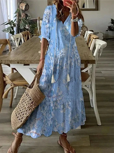 Dames maxi-jurk met bloemenprint – Luchtige pasvorm en V-hals